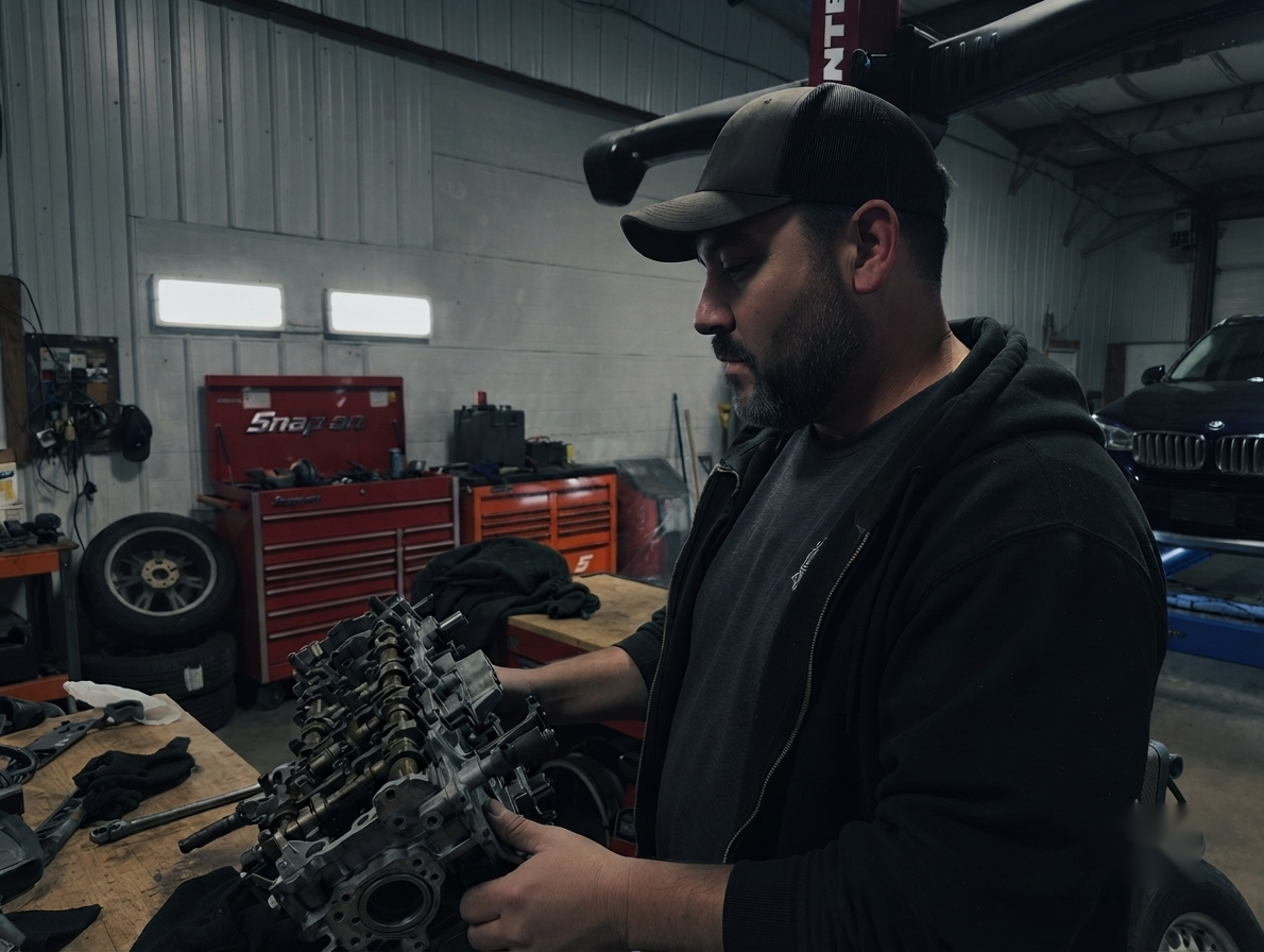 TNC technician inspecting an engine cylinder head in the shop